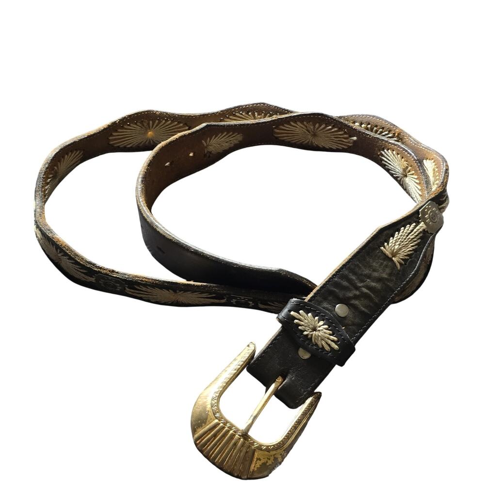 Vintage Nocona Belt Mens Large Tooled Leather Western Brass Buckle